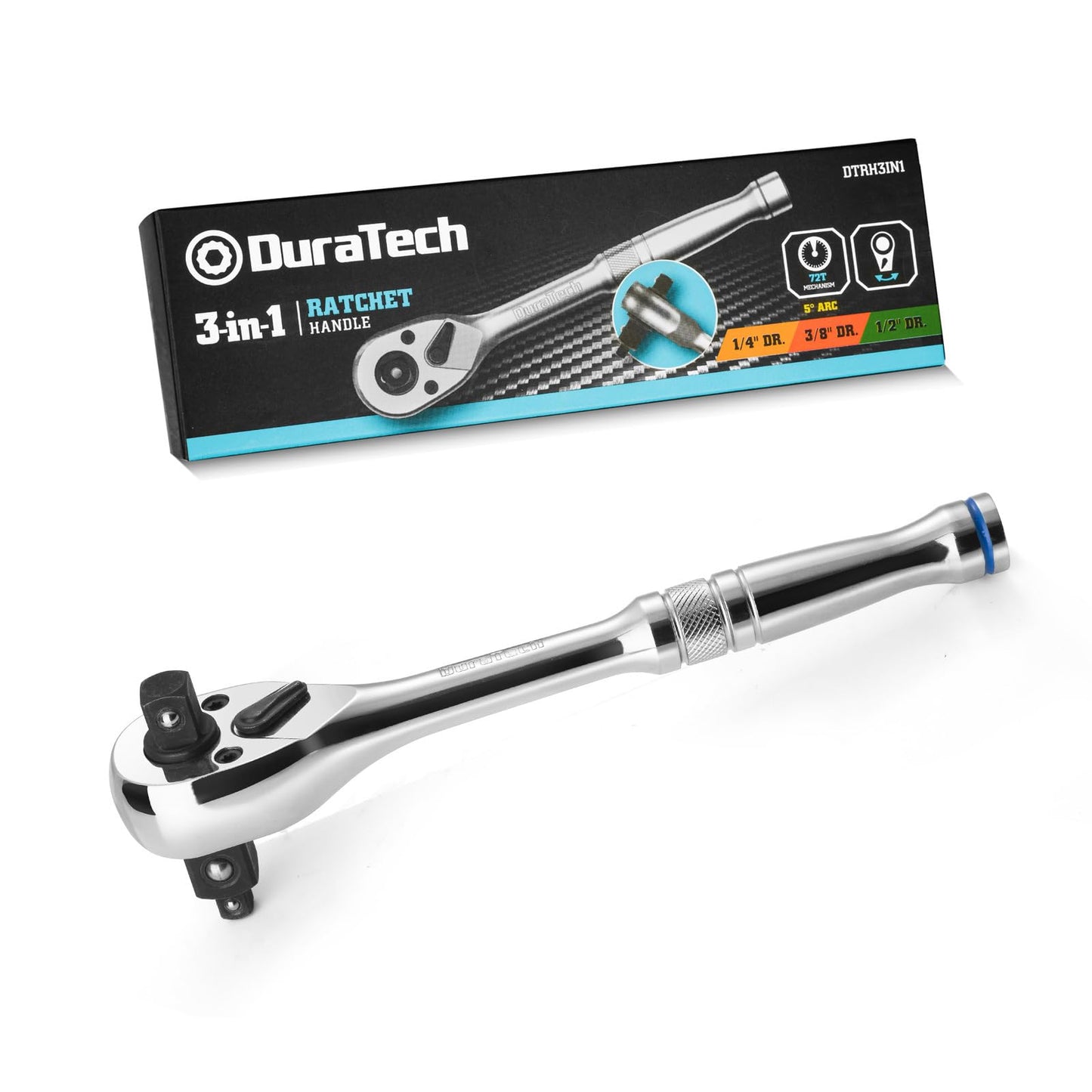 DURATECH 3-in-1 Ratchet Handle, 1/4", 3/8", 1/2" Drive Reversible Ratchet Wrench, Alloy Steel, 72-Tooth Socket Wrench for Auto Car Repair