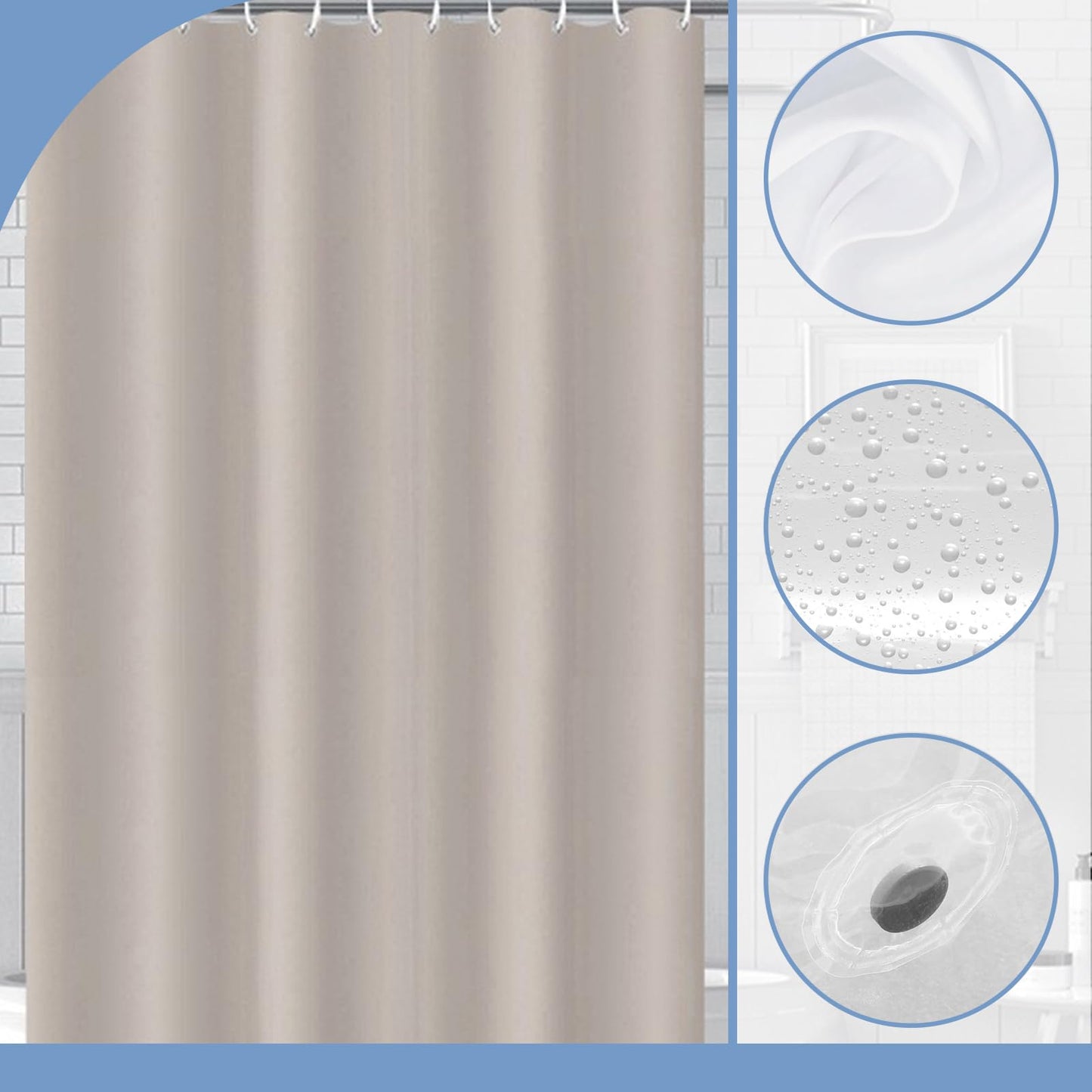 COSORO PEVA Shower Curtain 180x180cm,Heavy Duty Plastic Beige Weighted Shower Curtains Mould Proof Resistant Waterproof Bath Curtains with 12 Hooks