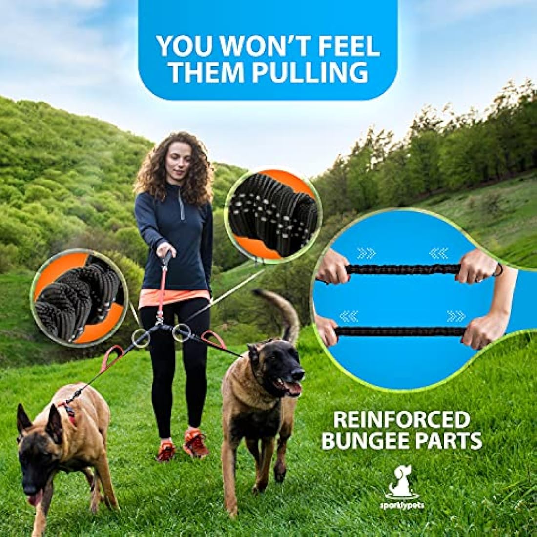 SparklyPets Double Dog Leash for 2 Dogs – Rope Bungee Dual Leash for Medium and Large Breeds with Padded Handles & Tangle Free (Red, Medium/Large)