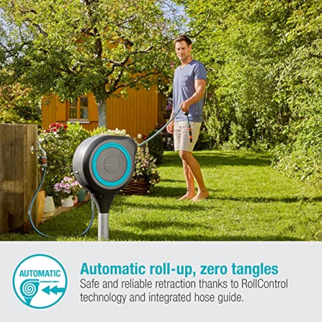 Gardena Garden Hose Box Rollup M (Turquoise) 20 m: Swivel Hose Box, Integral Hose Guide, Including 20 m Gardena Hose, mounting Rod and mounting kit (18614-20)