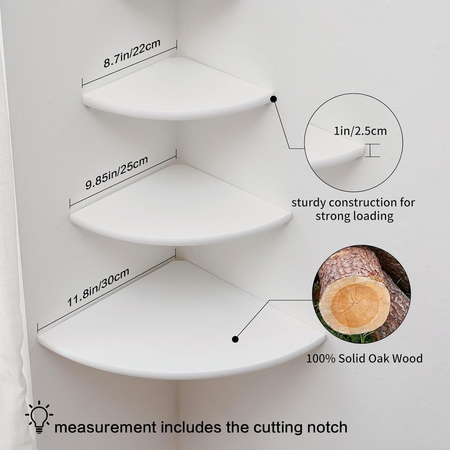 Gieanoo White Corner Shelves Wall Mount, Set of 3 White Oak Wood Floating Corner Wall Shelves Small Corner Plant Stand for Bedroom,Kitchen