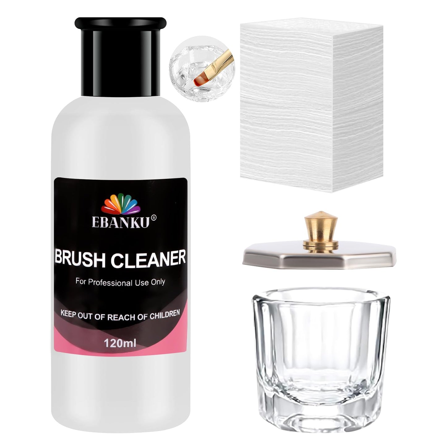 EBANKU 4OZ Nail Brush Cleaner, Nail Art Brushes Conditioner Quickly Clean Gel Nail Brush Clean Solution With Glass Cup and 100 Pcs Cleaning Pad for