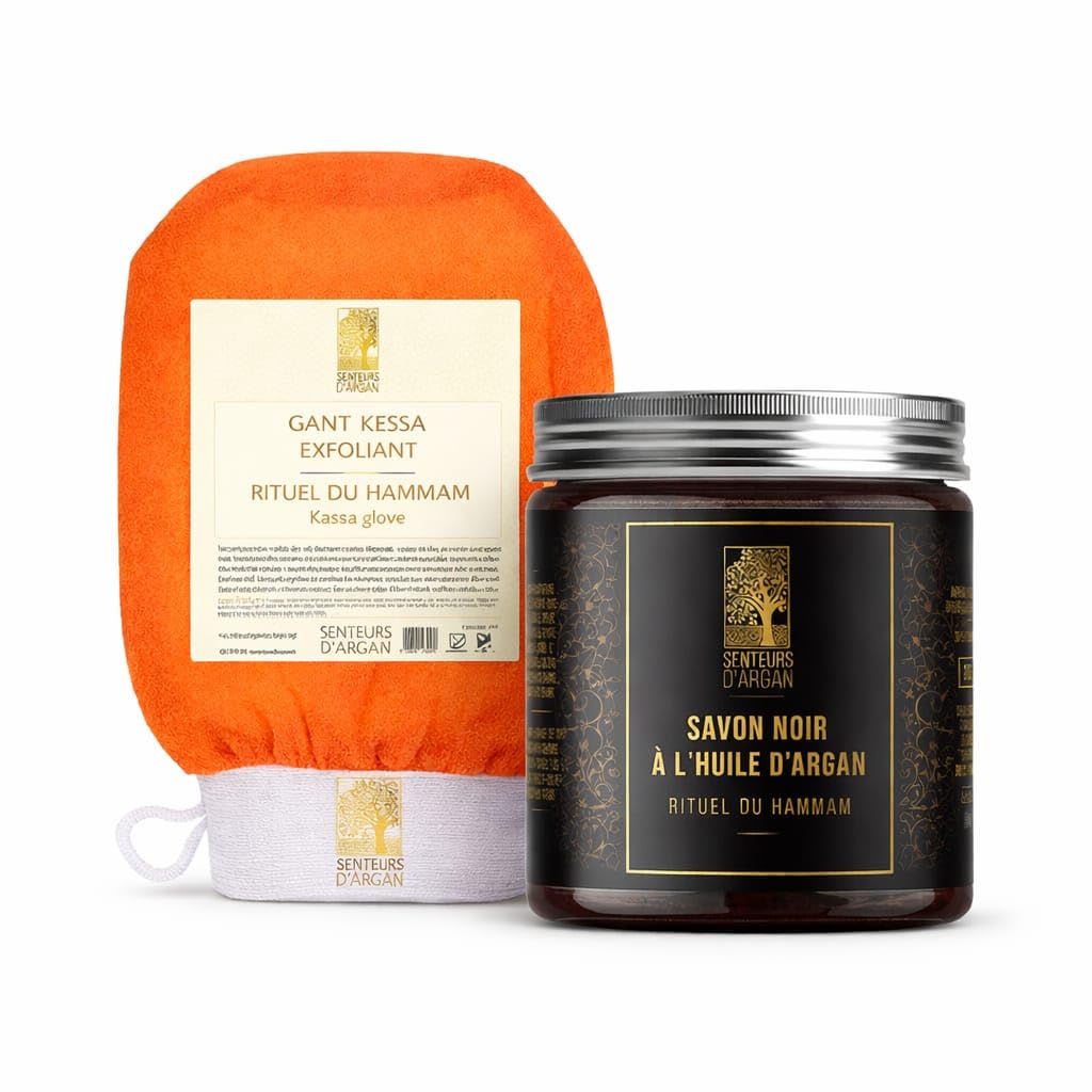 Kessa Exfoliating Body Scrub Glove + Eucalyptus Black Soap ? Moroccan Kessa Glove for Hammam Sauna, Removes Dead Skin and Purifies Skin