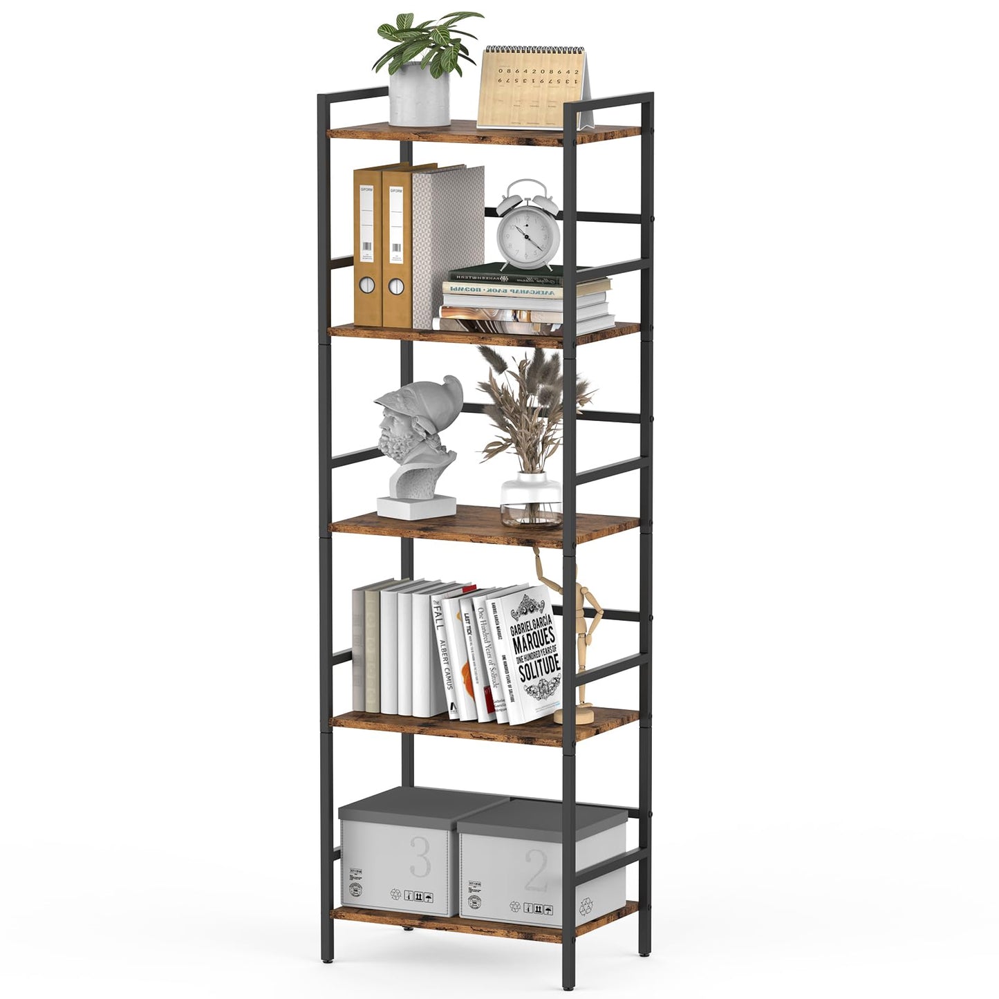CADUKE 5 Tier Bookshelf, Rustic Brown and Black Storage Rack