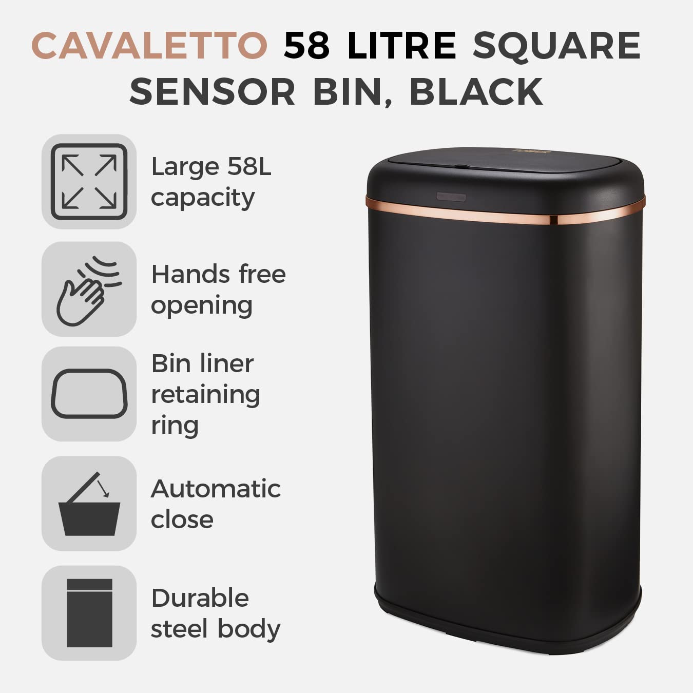 Tower T838010BLK Cavaletto Square Sensor Bin, 58L, Black and Rose Gold