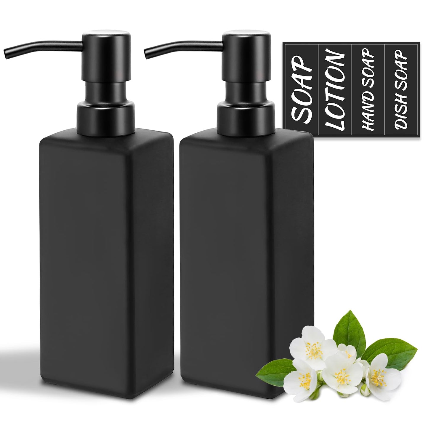 MIUSITE Black Soap Dispensers, Stylish 350ml Hand Soap Dispenser for Kitchen/Bathroom, Square Glass Soap Dispenser, Refillable Dish Soap Dispensers