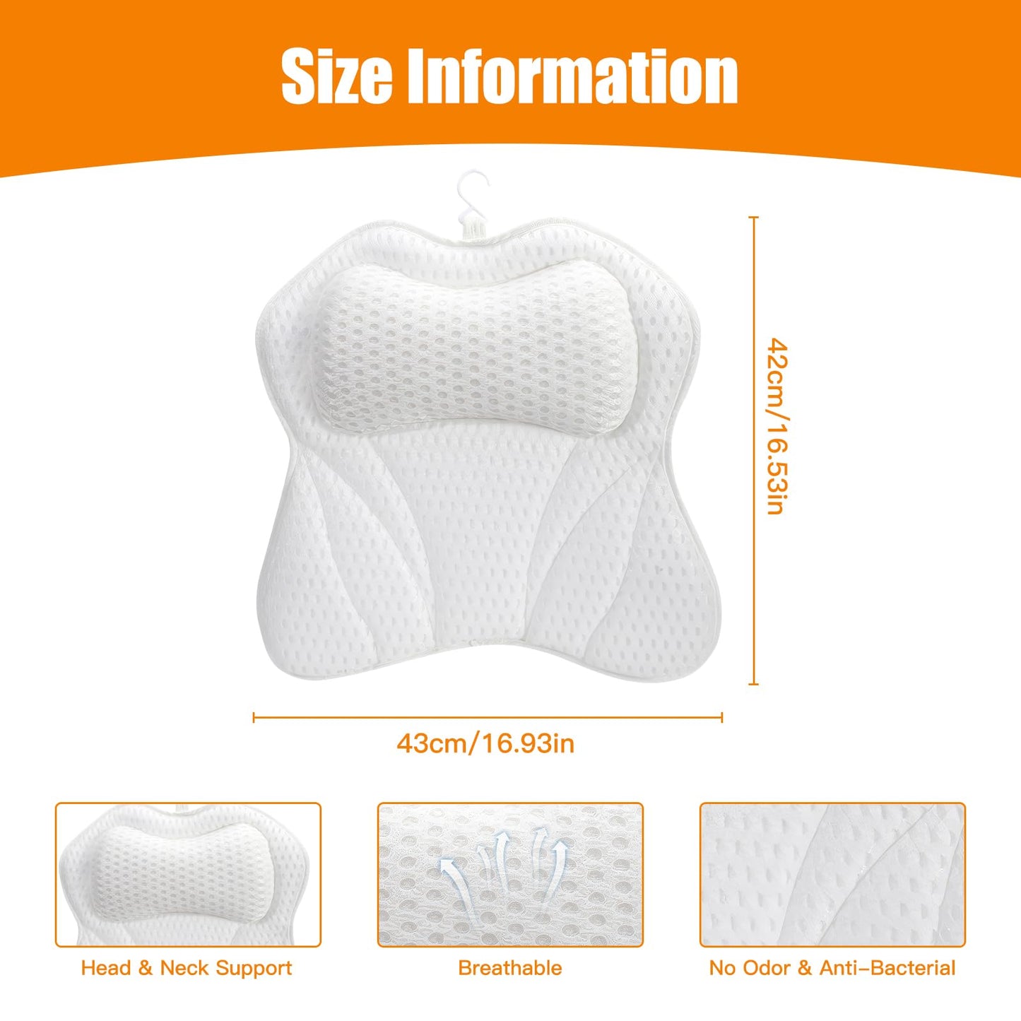 4D Technology Non-Slip Bath Pillow with 6 Powerful Suction Cups, Soft Ergonomic Mesh Cushion for Hot Tub and Home Spa