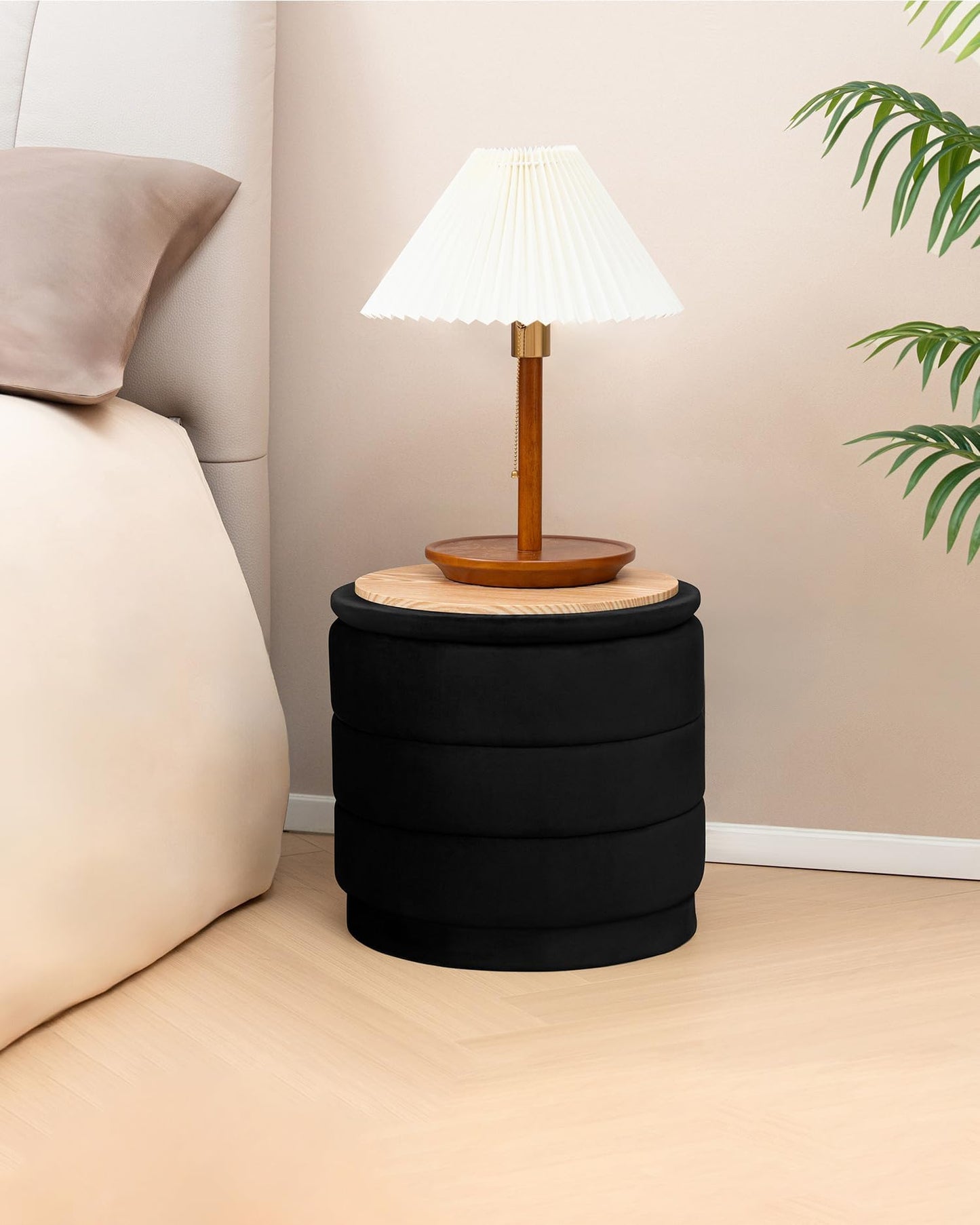 Bonlife Storage Ottoman Round - Folding Foot Rest with Hidden Storage, Black Velvet 39x39x37cm for Living Room, Bedroom & Hallway