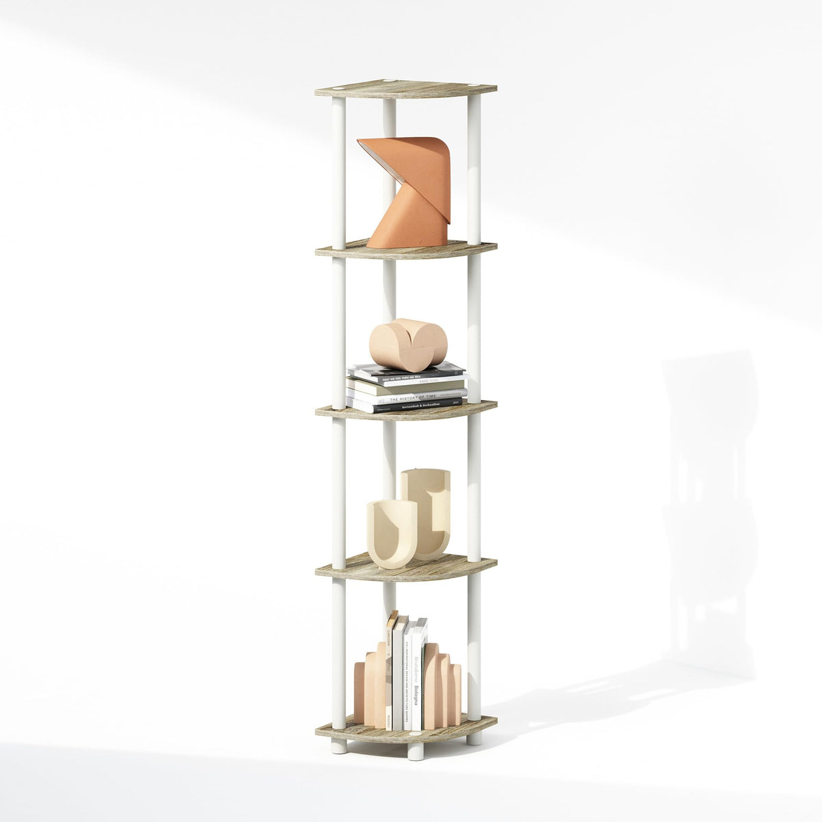 Furinno TURN-N-TUBE Corner Shelf, 5-Tier Corner Display Rack, Shelving Unit, for Organization and Storage, Living Room, Home Office, Garage, Bedroom