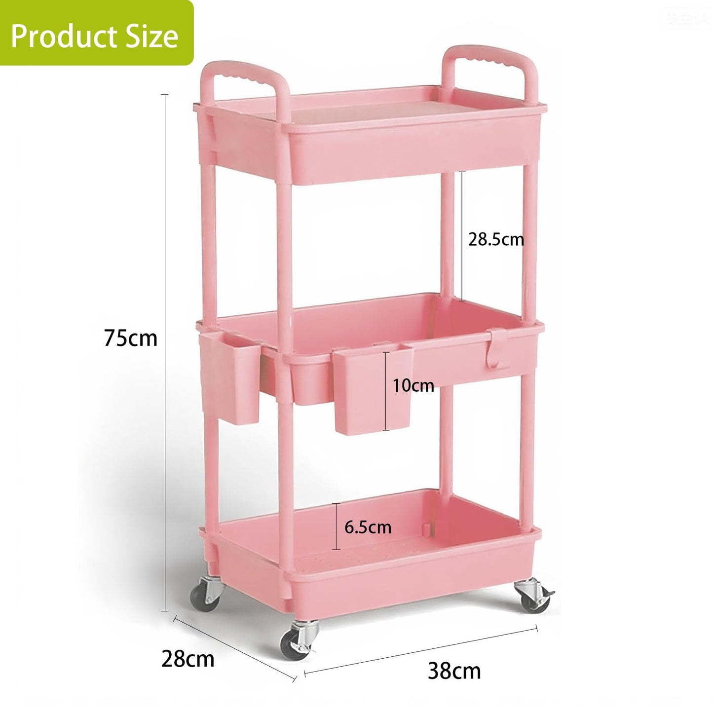 Houbobo Storage Trolley on Wheels, 3-Tier Rolling Cart, Plastic Utility Cart - Easy Assembly