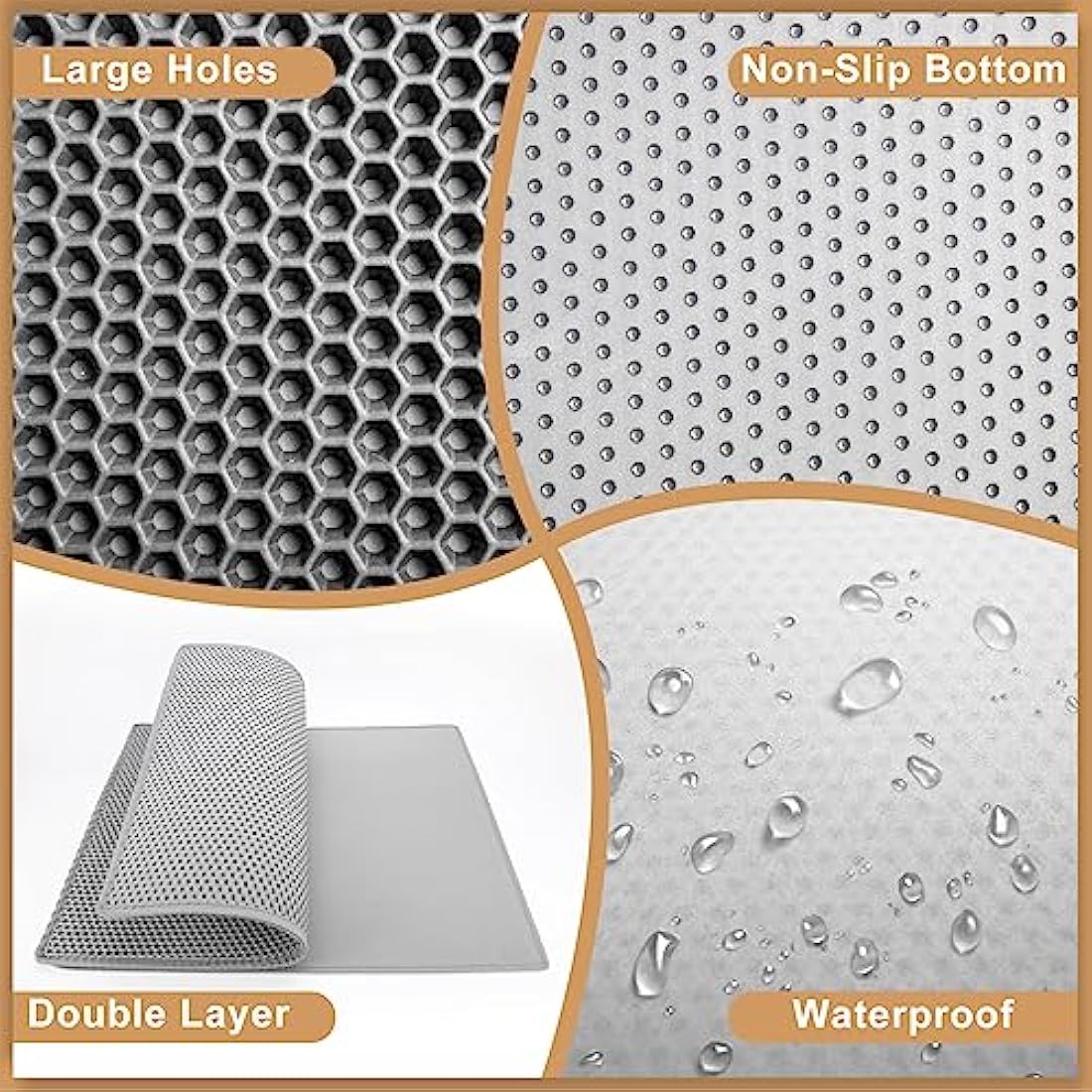Garoopion Cat Litter Mat, 90 X 76 cm EVA Litter Trapping Mat, Double Layer Honeycomb Holes Design, Grey, 1 Side Connected