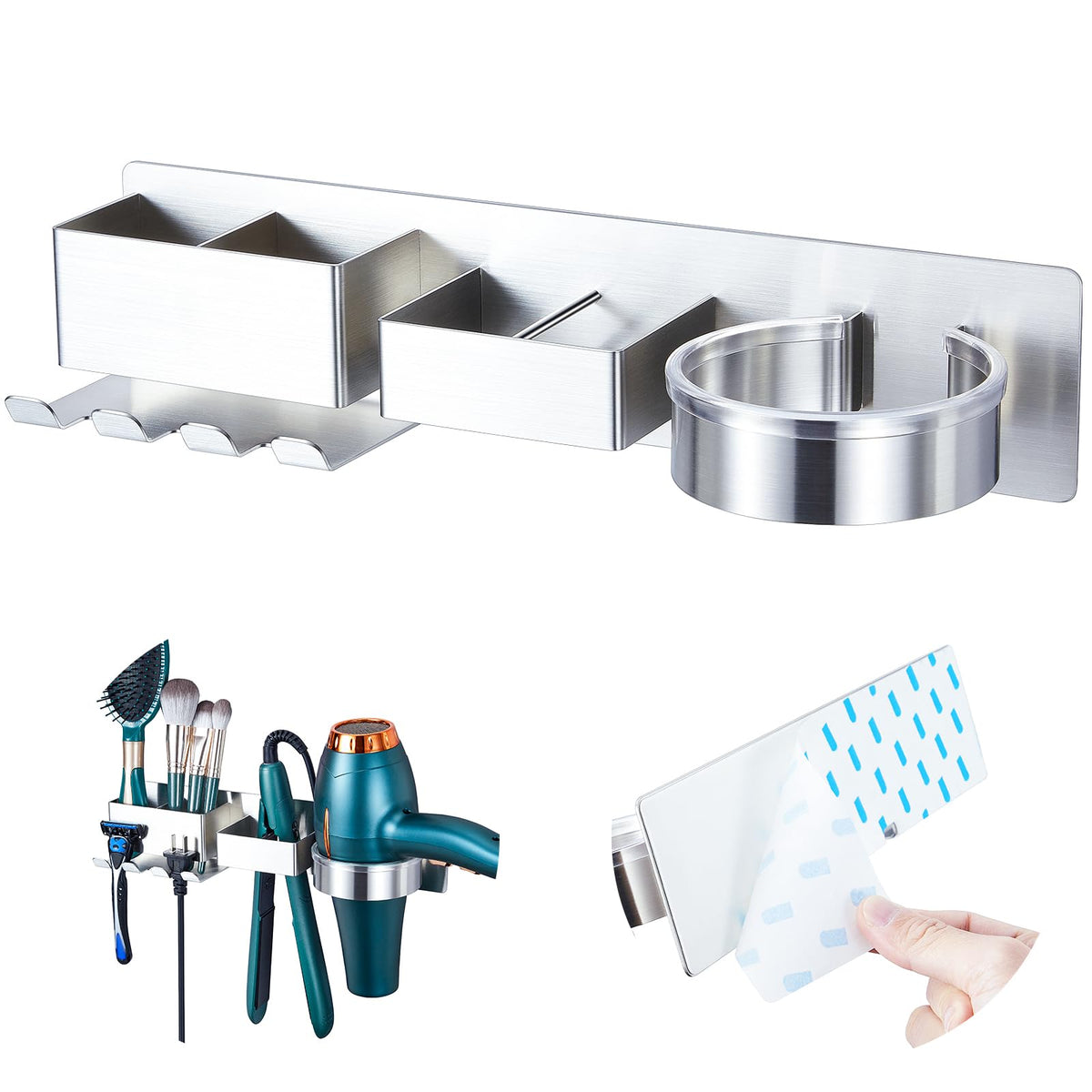 YYBO Hair Dryer Holder Hairdryer Holder Station Wall Mounted, Hair Dryer and Straightener Holder, Stainless Steel Hair Dryer Stand, Bathroom Adhesive