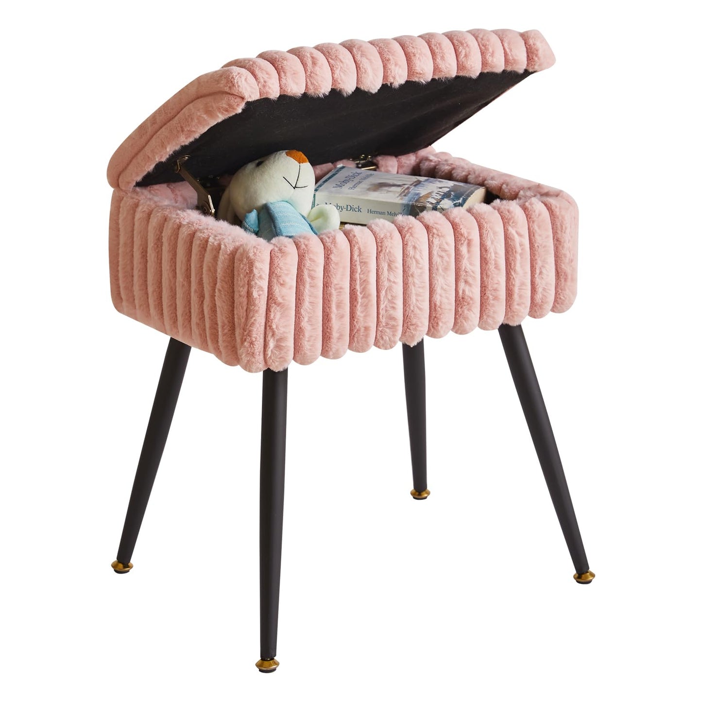 Aibiju Rectangle Dressing Table Stool with Storage Footstool Velvet Ottoman Makeup Chair with 4 Metal Legs for Home Living Room Bedroom Pink YD-MS151P