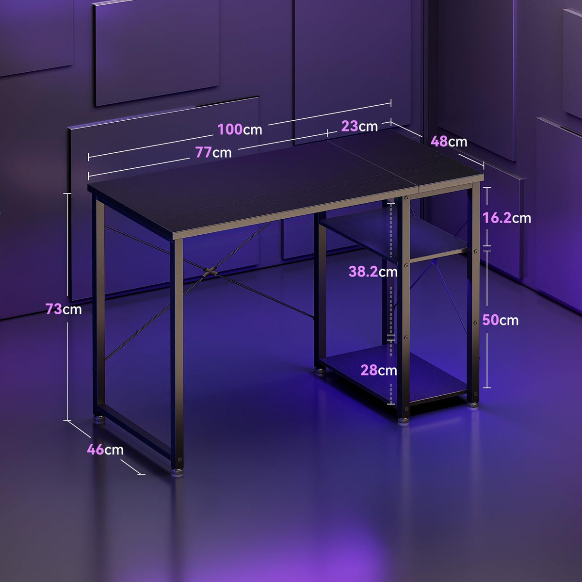 ODK Gaming Desk with Shelves, Small Computer Desk, 100 x 48 cm, Black