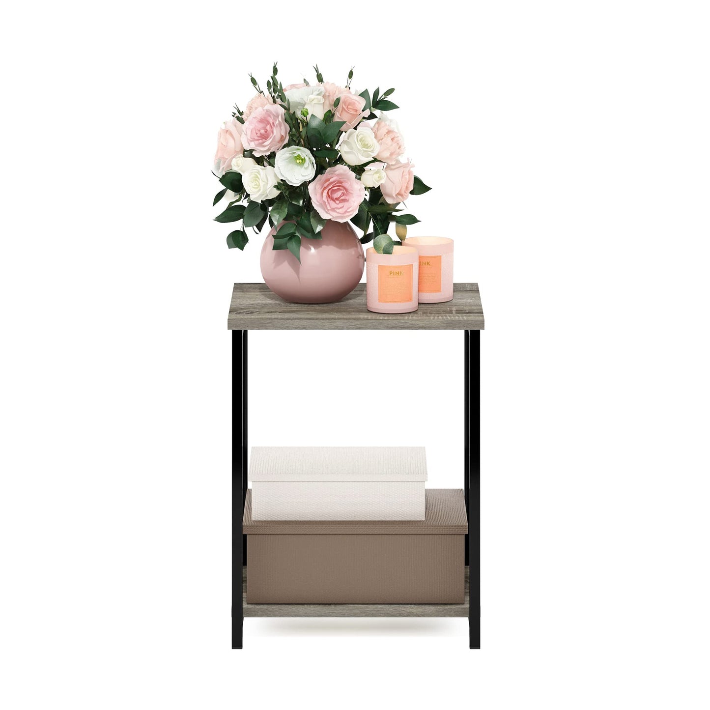 Furinno SIMPLISTIC Side Table, 2-Tier Metal Frame End Table with Open Shelf, Night Stand, Bedside Table, for Living Room, Bedroom, French Oak