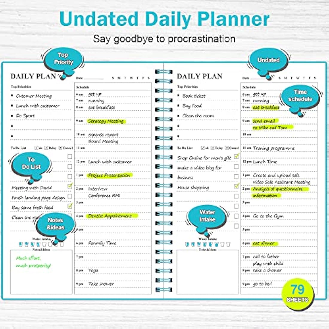 Daily Planner Undated, Asten to Do List Notebook Hourly Schedules Spiral Appointment Planner for Men and Women,PVC Hardcover,Elastic Closure, Inner Pocket 14.7 x 21.2cm (Blue)