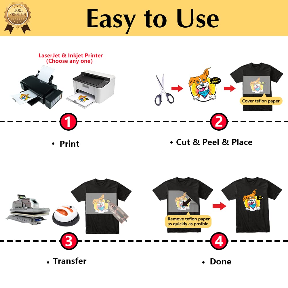 TransOurDream Tru-Transfer Paper Upgraded 3.0 50 Sheets A4 for Inkjet&Laser Printer Iron On Heat Transfer Paper for Dark Fabric Transfer Paper for