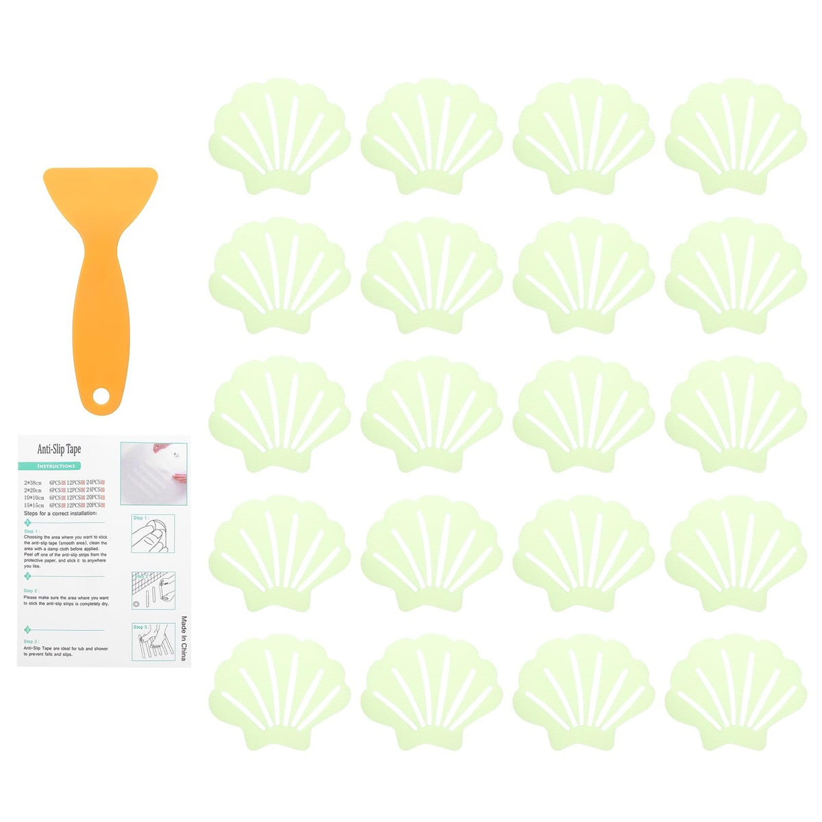 sourcing map 20Pcs Non-Slip Bathtub Stickers, 9x7 cm Shell Shape Shower Floor Non Slip Stickers with Scraper for Bathroom Shower Stairs Ladders,