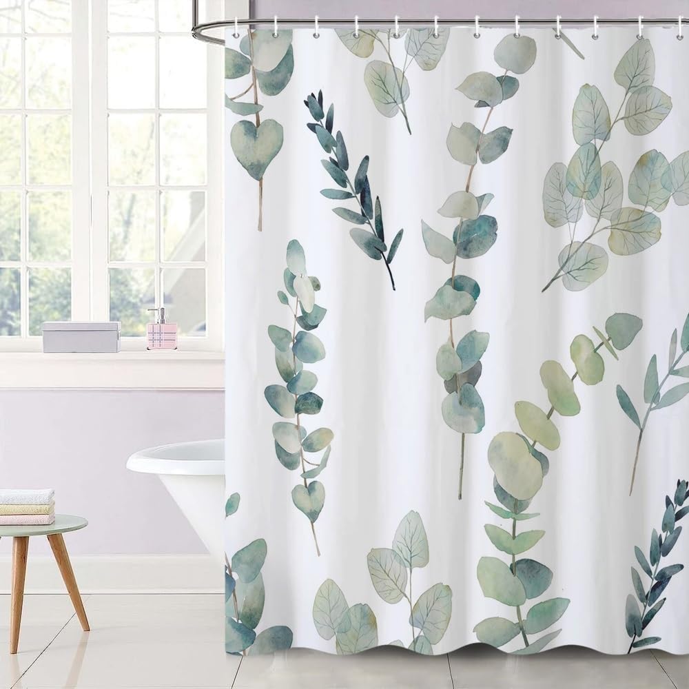 Uiiooazy Eucalyptus Shower Curtain, Blue Gray Leaves Pattern Bath Curtain Mildew and Mould Resistant Waterproof Polyester Fabric Washable Opaque