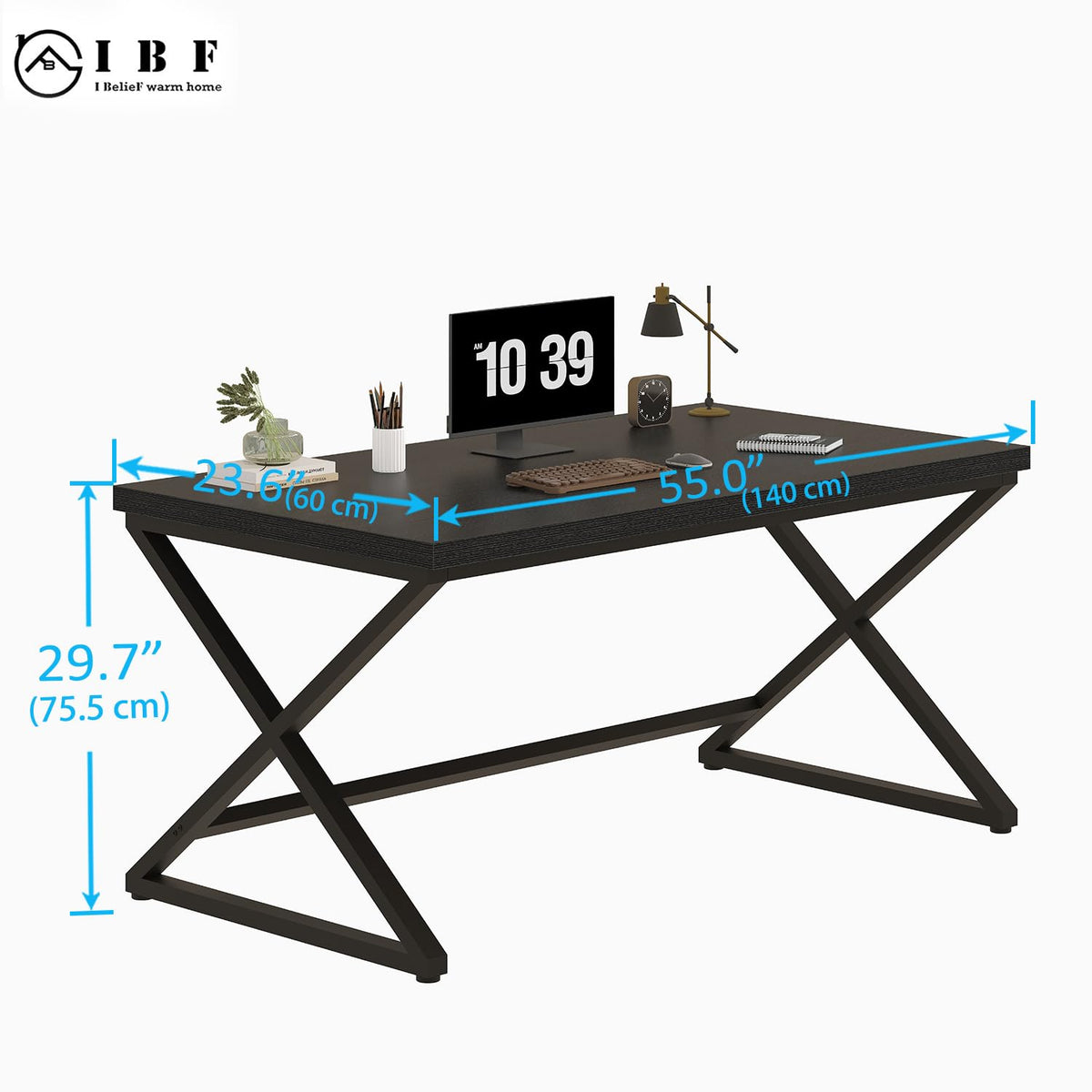 IBF Black Desk, Modern Computer Desk for Home Office, Industrial Simple Pc Gaming Writing Study Desk in Bedroom