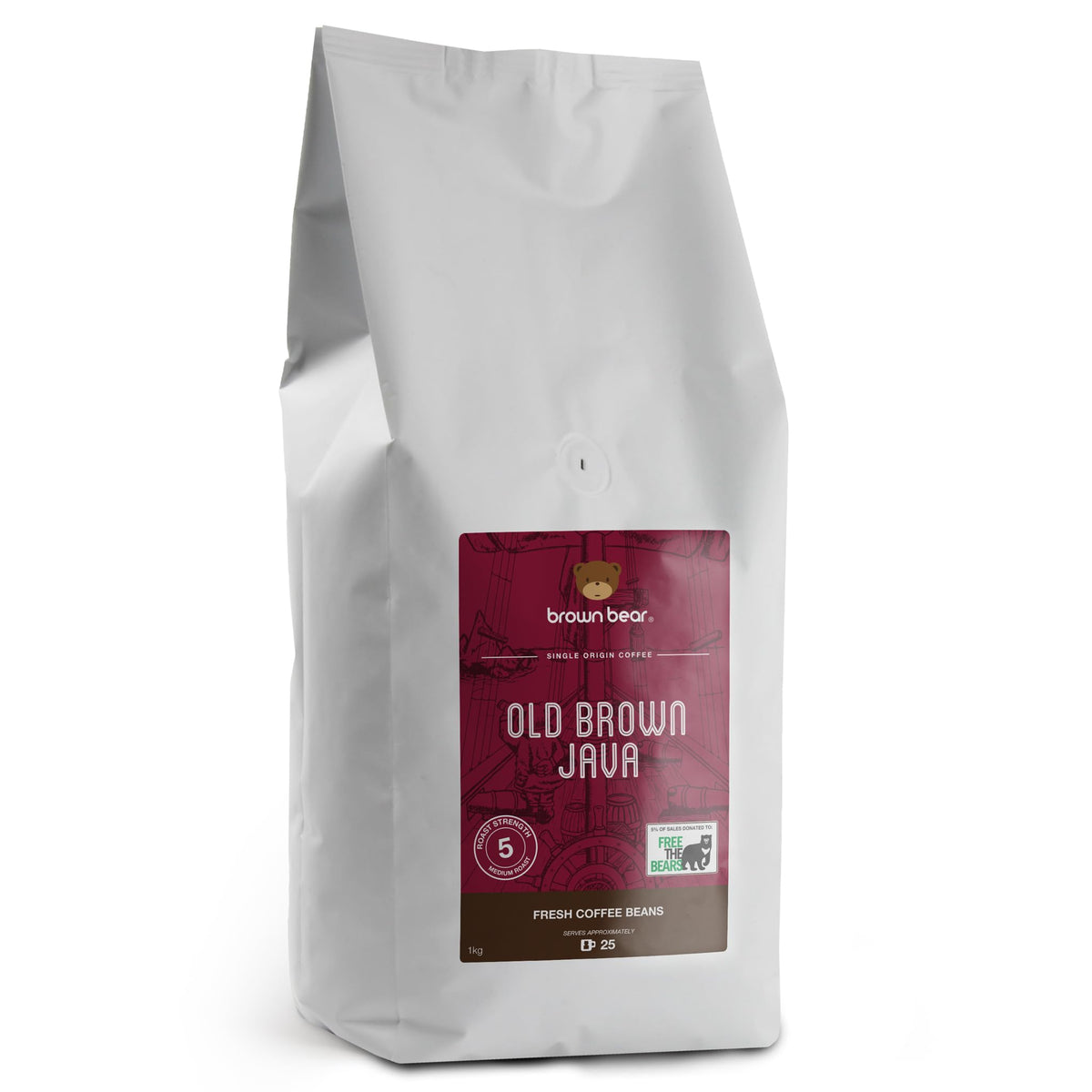 Old Brown Java Dark Roast Strong Aged Coffee Beans 1kg - Suitable For All Machines - Brown Bear Indonesia Indonesian Coffee - Strength 5 - Donation to