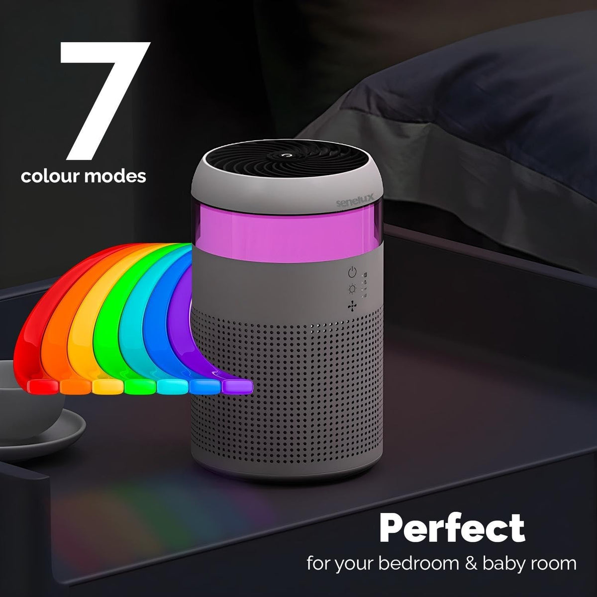 Senelux HEPA Air Purifier for Bedroom with 7 Light Colours, Mini Air Purifier for Home Office Living Rooms, Small Desktops for Pet Dander Mould Pollen