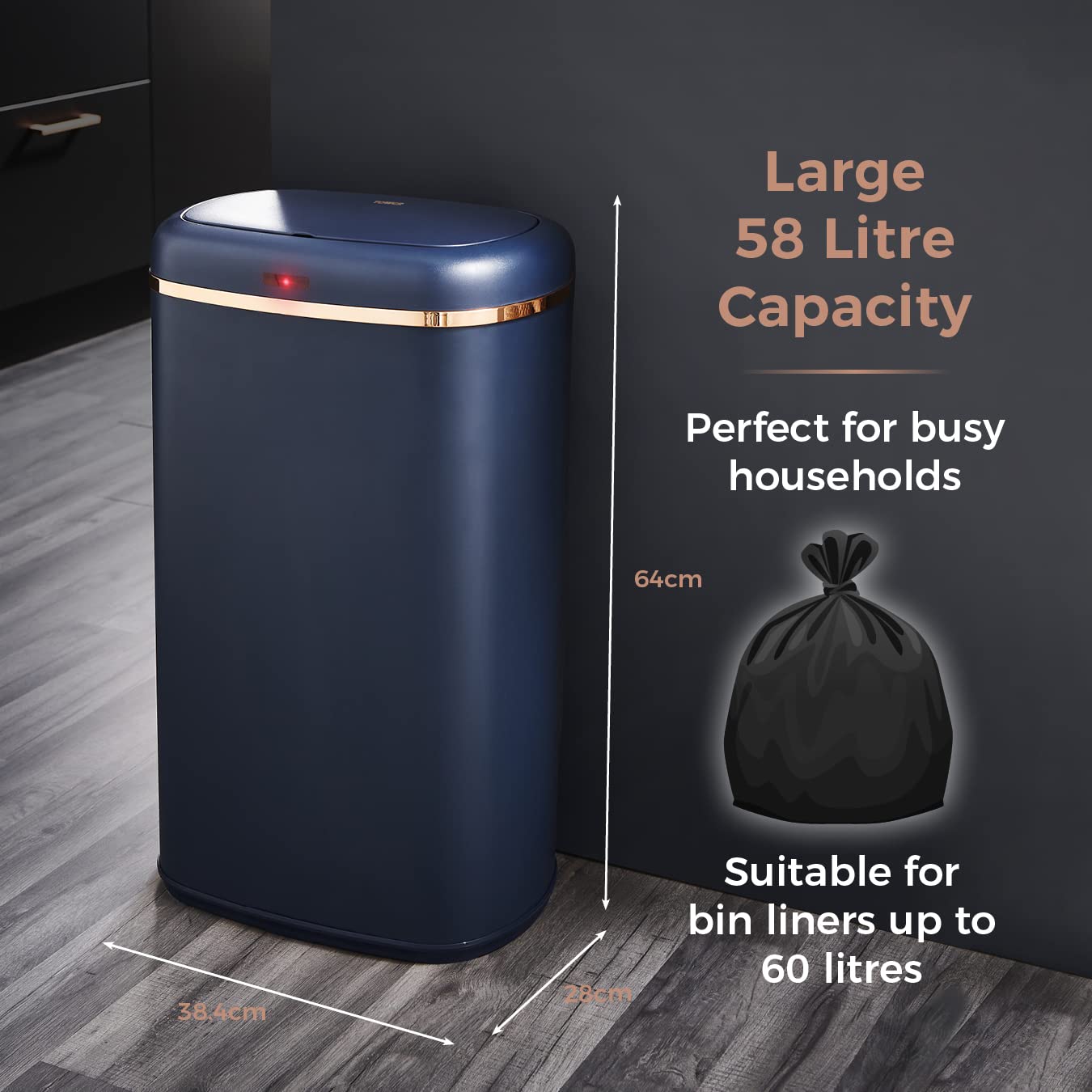 Tower T838010MNB Cavaletto Square Sensor Bin, 58L, Midnight Blue and Rose Gold