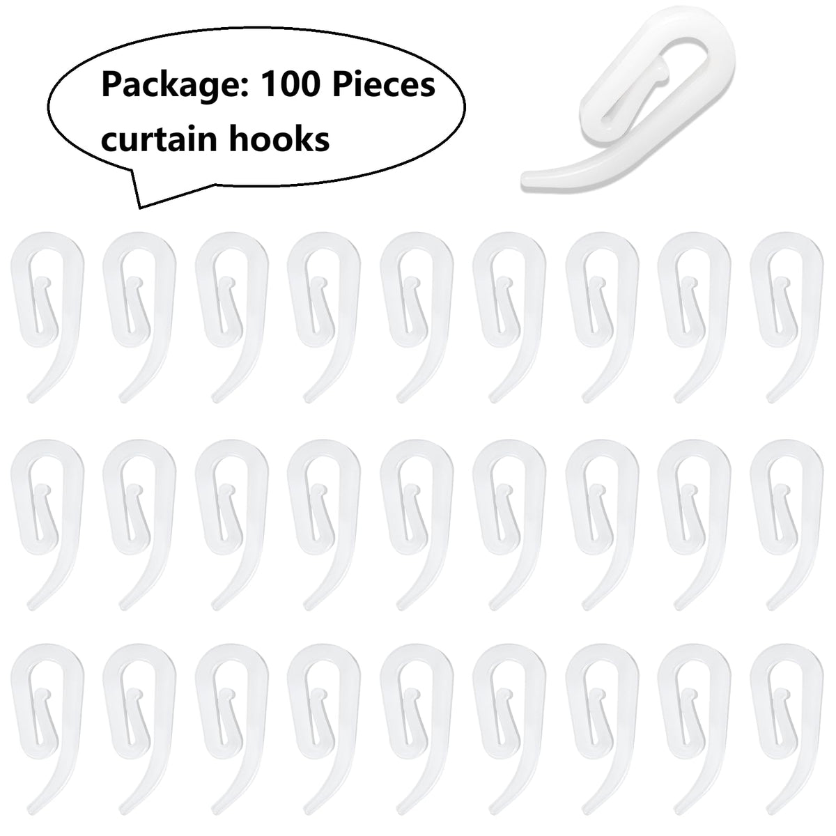 Plastic Curtain Hooks 100 Pieces for curtains (white,12x28mm)