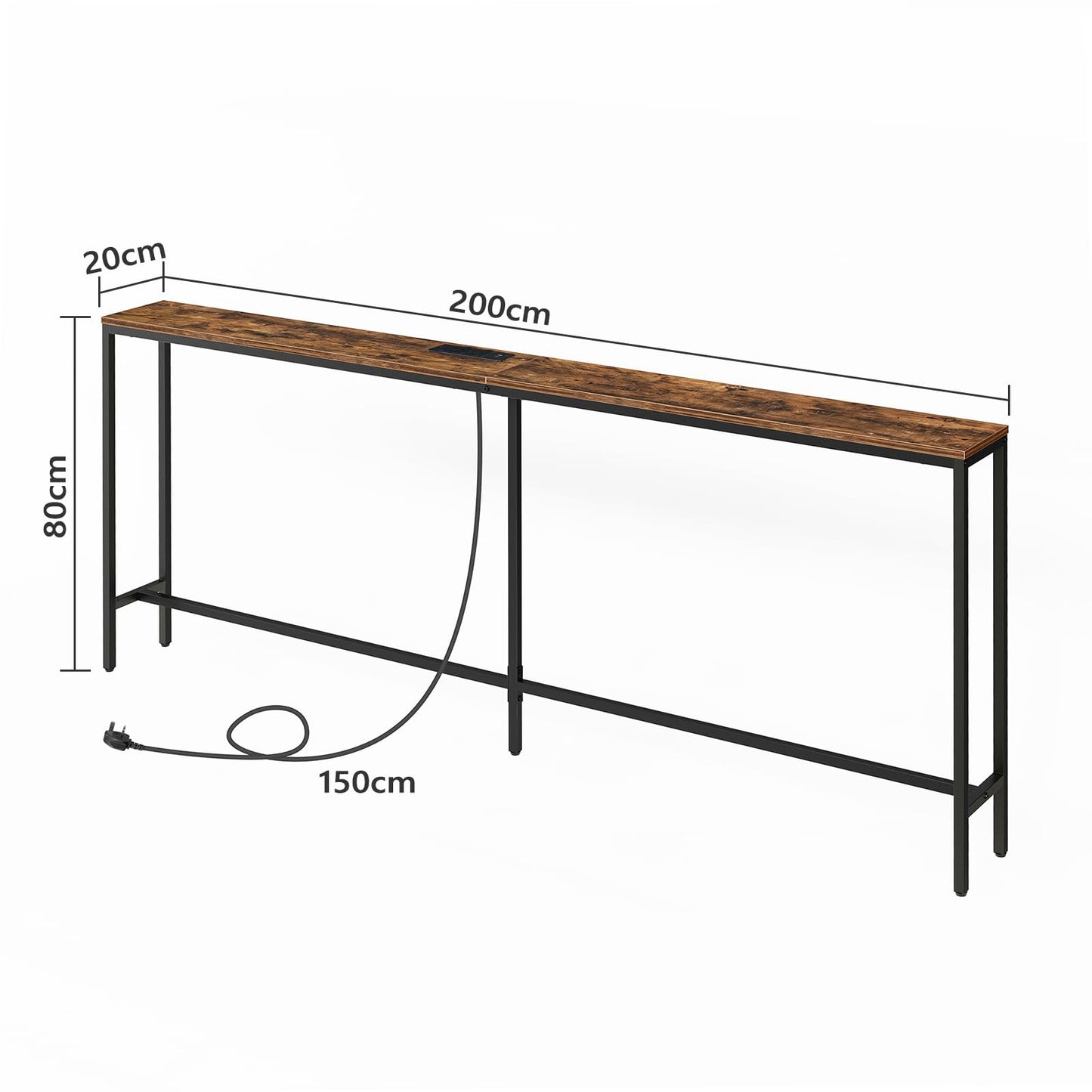 MAHANCRIS Console Table with Power Outlet, 200 CM Narrow Sofa Table, Industrial Entryway with USB Ports, Behind Couch Table for Entryway, Hallway,