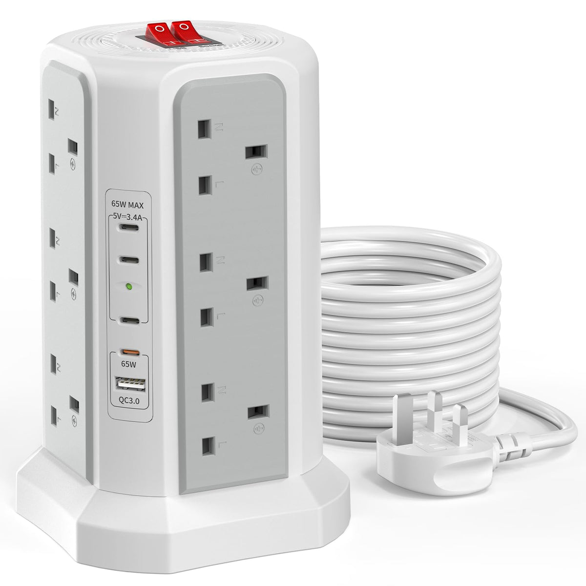 Tower Extension Lead 3M with USB Slots and PD 65W USB C Fast Charger, 5 USB Ports (4C1A) and 12 Way Surge Protected Extension Tower, Extension Cable