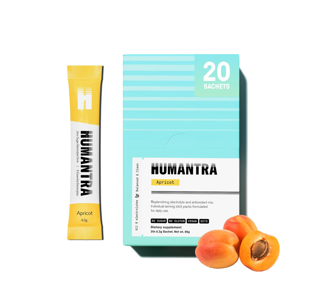 Humantra Electrolyte Packets | Zero Sugar | W/ 6 Electrolytes | Electrolytes Powder (20 Count, Apricot)