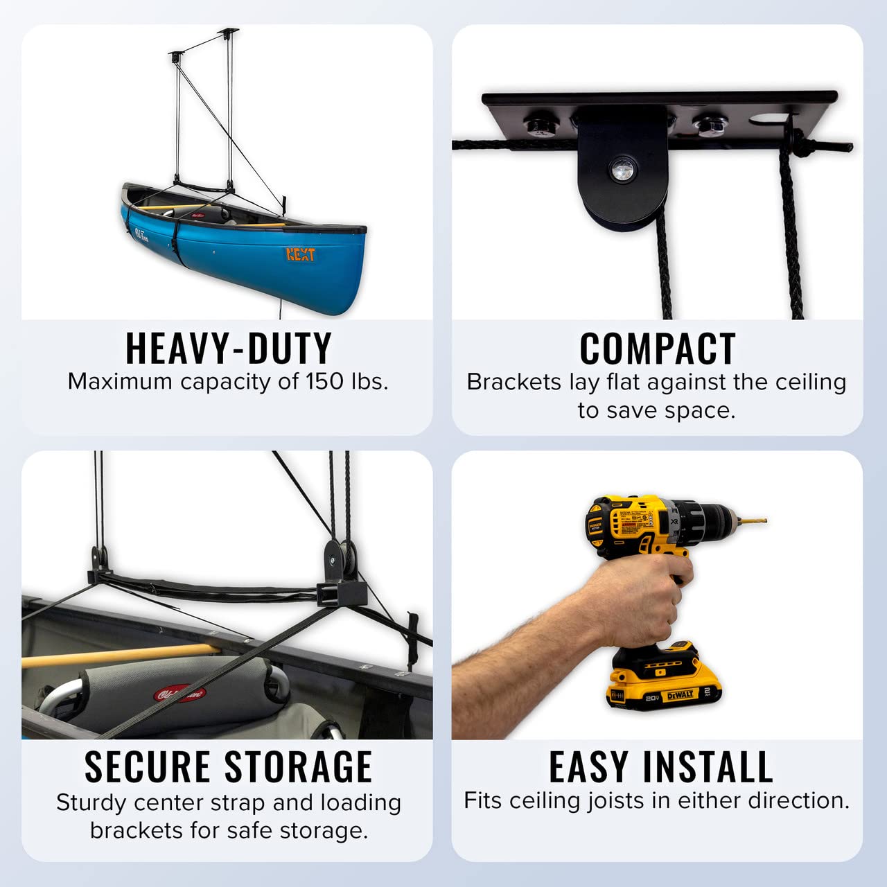 StoreYourBoard Kayak Ceiling Storage Pulley, Overhead Garage Hanging Hoist System, Heavy Duty Holds 150 lbs