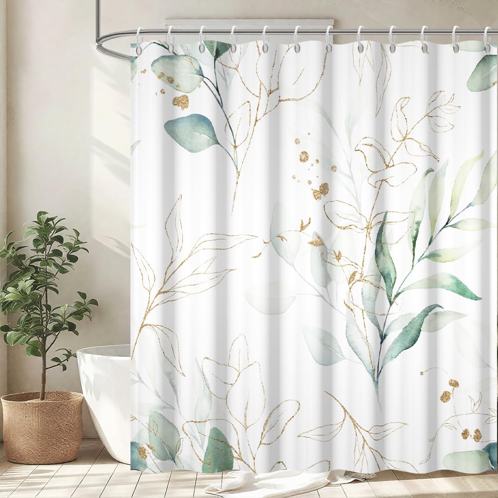 Uiiooazy Eucalyptus Shower Curtain, Sage Green Gold Leaves Pattern Bath Curtain Mildew and Mould Resistant Waterproof Polyester Fabric Washable Shower