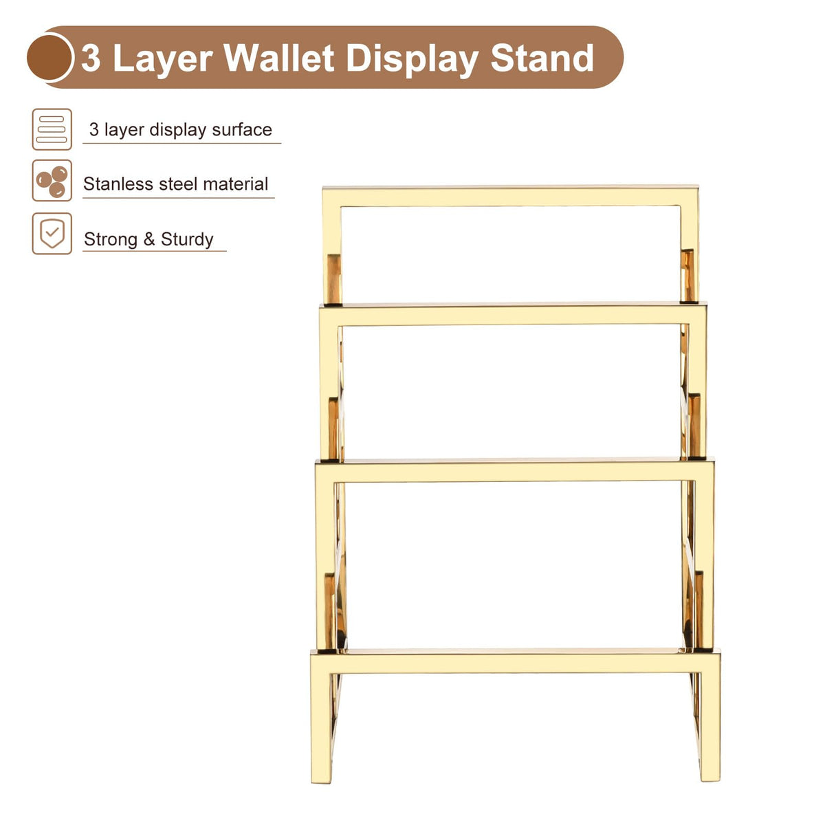 sourcing map Clutch Purse Display Stand 3 Layer Wallet Display Rack Metal Clutch Holder Riser for Home Retail Store Supplies - Gold, 2Pcs