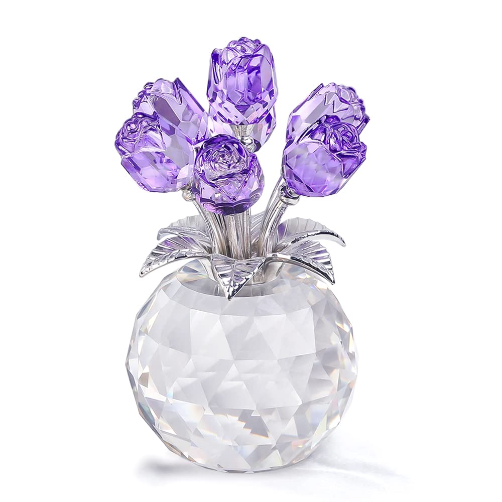 Crystal Purple Rose Bouquet Figurines Gifts for Women Valentine's Day, Glass Floral Ornament for Mother's Day Birthday Christmas Amethyst Collectible