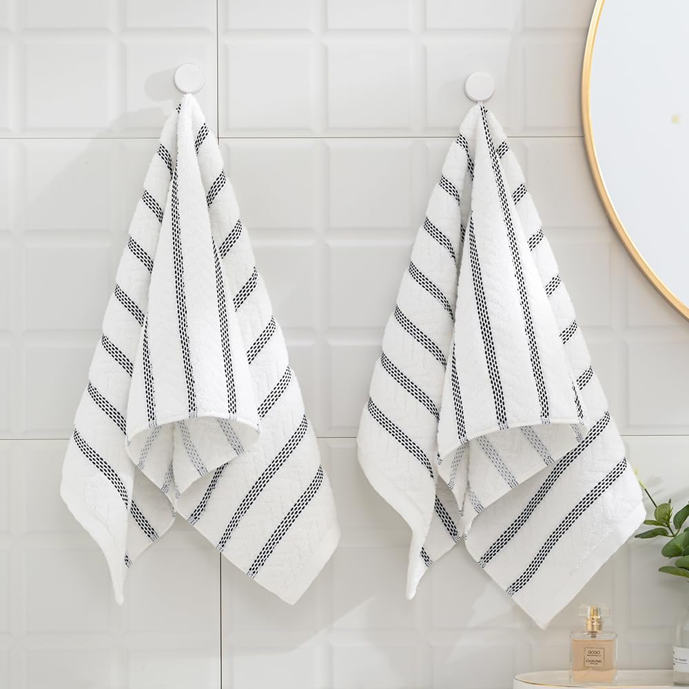 sense gnosis 100% Cotton White Hand Towel Set of 2 Thick Jacquard Ribbed Striped Soft Quick Dry and Absorbent Bathroom Decorative Hand Towel 13 x 29