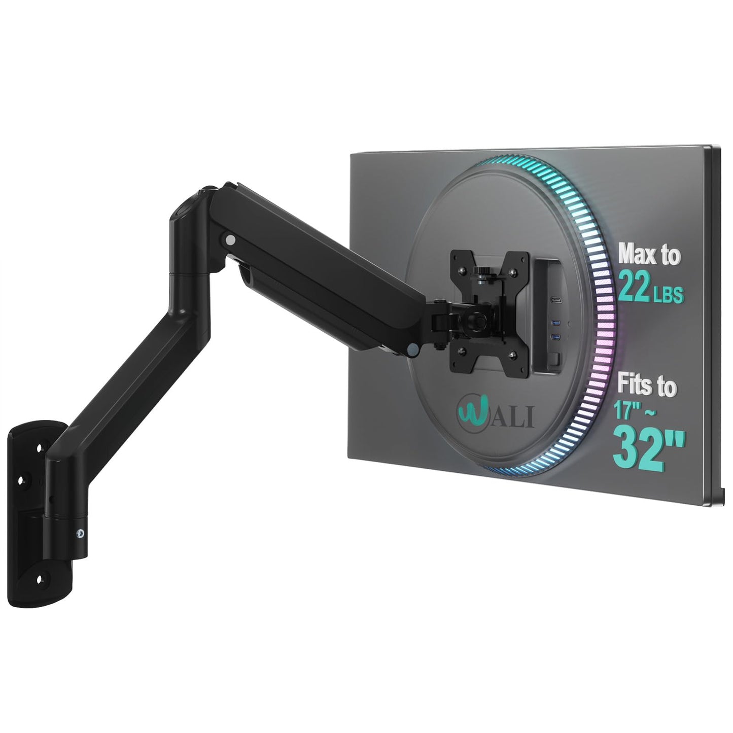WALI Single Monitor Wall Mount for 17-32 Inch Screen, Fully Adjustable Gas Spring Monitor Arm with Tilt Swivel Rotate, Holds up to 10 kg, Arm Max