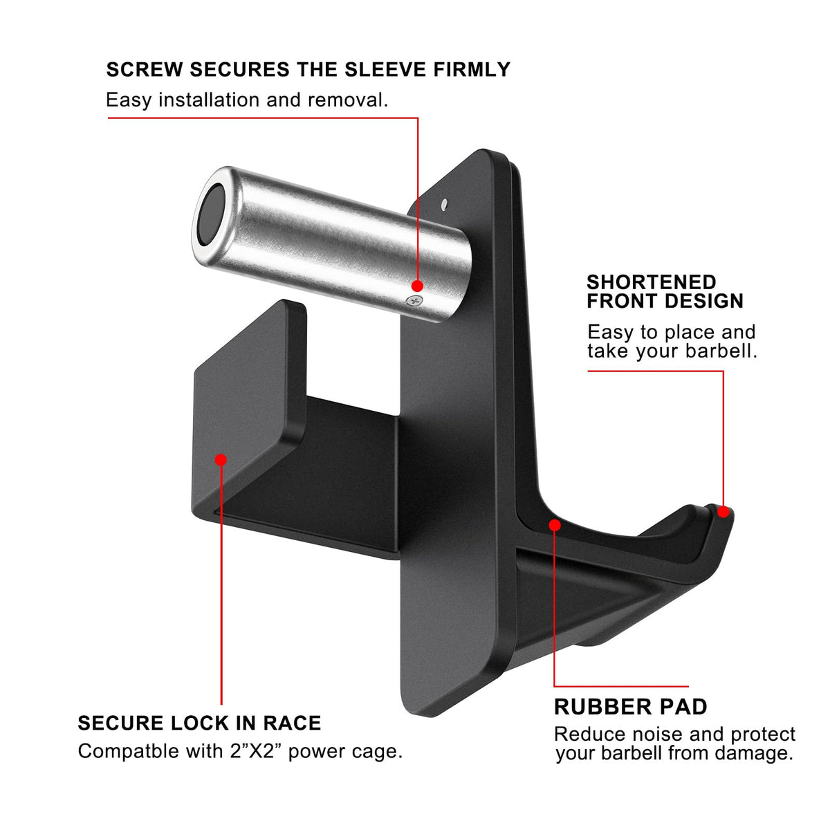 Kipika Safety Spotter Arms and J-Hooks for 2" x 2" Power Racks with 5/8" or 1" Hole - Heavy Duty Barbell Holders and Catches with Rubber Pads - Power