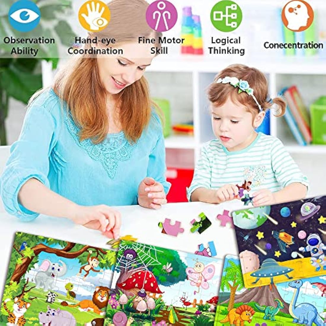 Wooden Jigsaw Puzzles for Kids 3-6 Year Olds -Space Dinosaur Animals 30 Piece Puzzle Toys -Toddler Children Learning Educational Puzzle Toys for Set for Kids 3 4 5 6 Year Old(4 Puzzles)