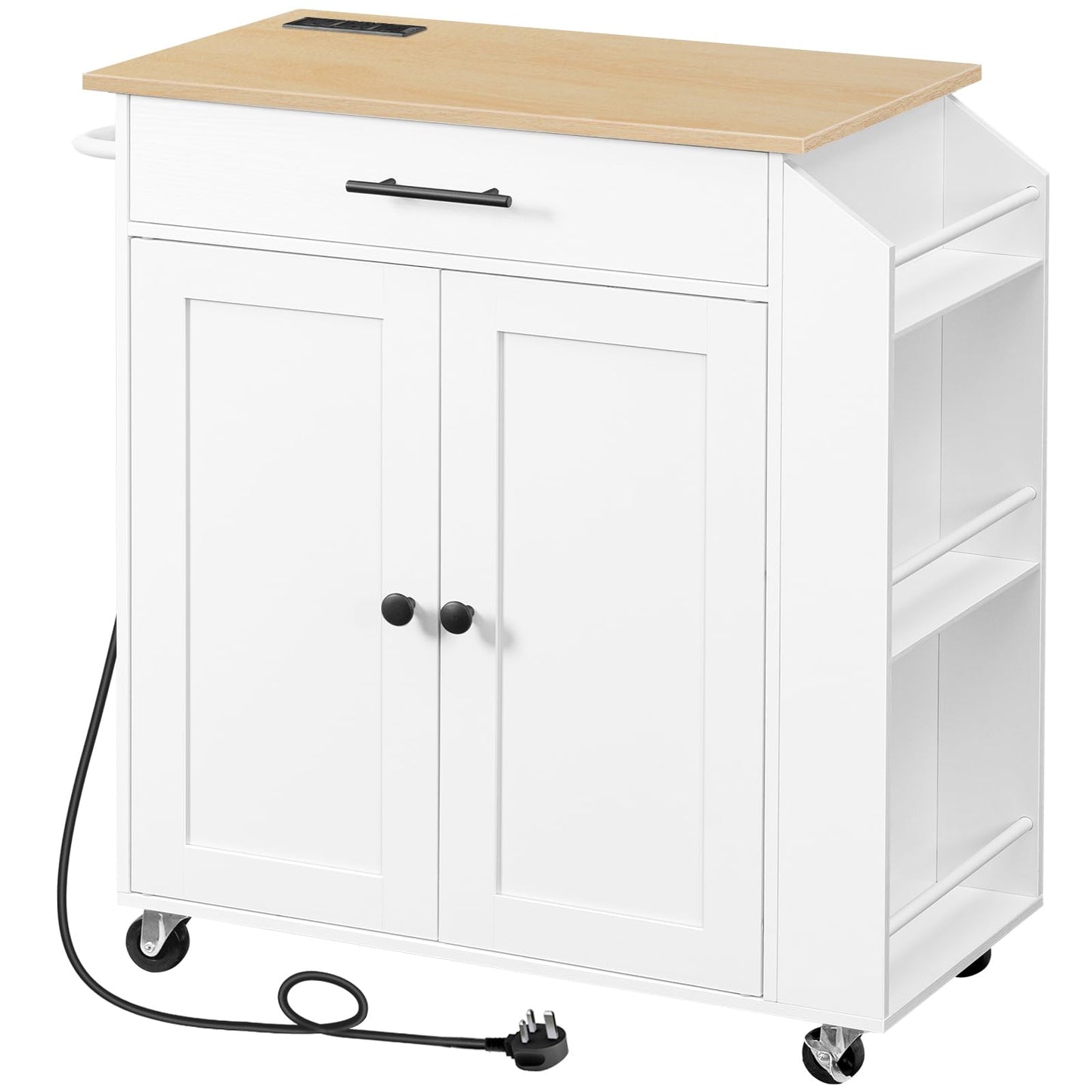 HOOBRO Kitchen Island on Wheels, Rolling Kitchen Island Storage Trolley with Spice Rack and Drawer, with Power Outlet, Utility Serving Cart, for Home