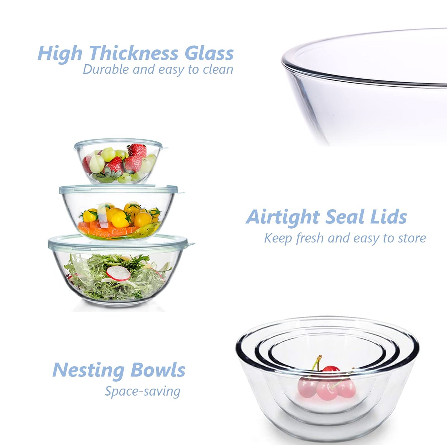 WhiteRhino Glass Mixing Bowls with Lids Set of 3, Large Kitchen Salad Bowls, Space-Saving Nesting Bowls, Round Glass Serving Bowls for