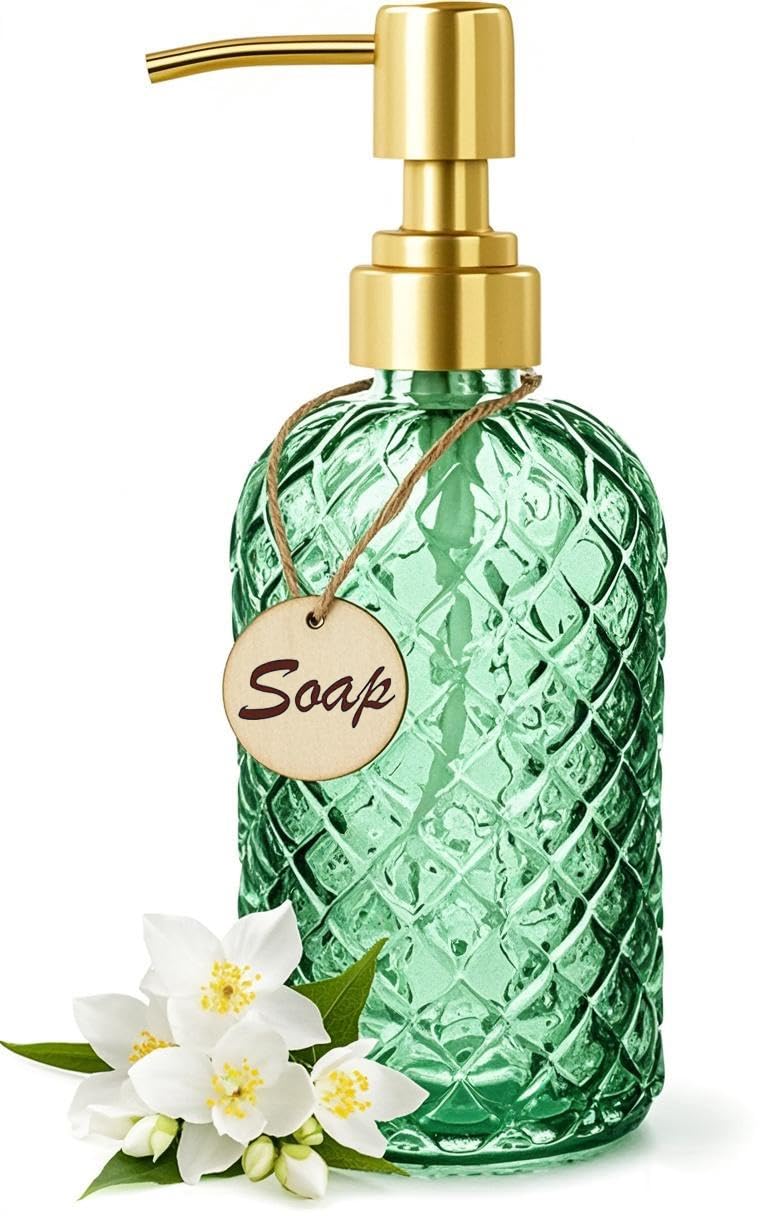 Bingobang Glass Soap Dispenser with Hand Gold Pump 470ml, Green