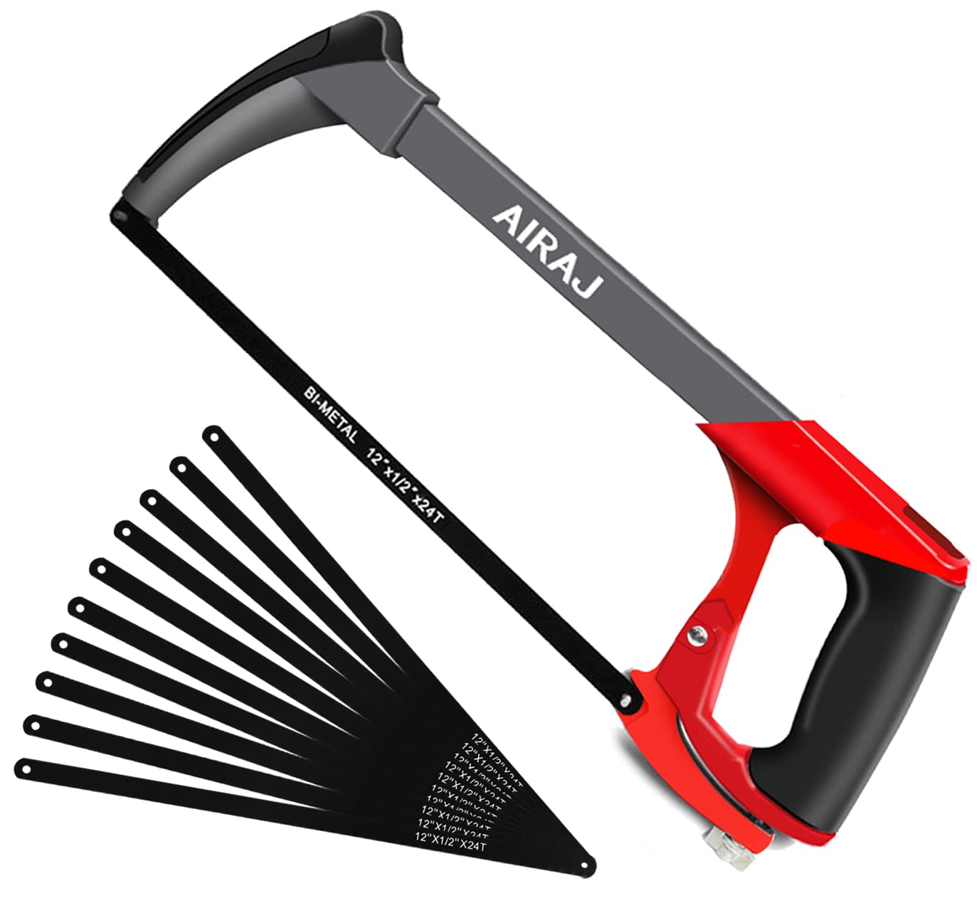 AIRAJ Multifunctional Hacksaw Frame with Adjustable Tension and 10 Saw Blades,Two Sawing Angles (45?/90?) Saw.Multi-Purpose Heavy Duty Hand Handsaw
