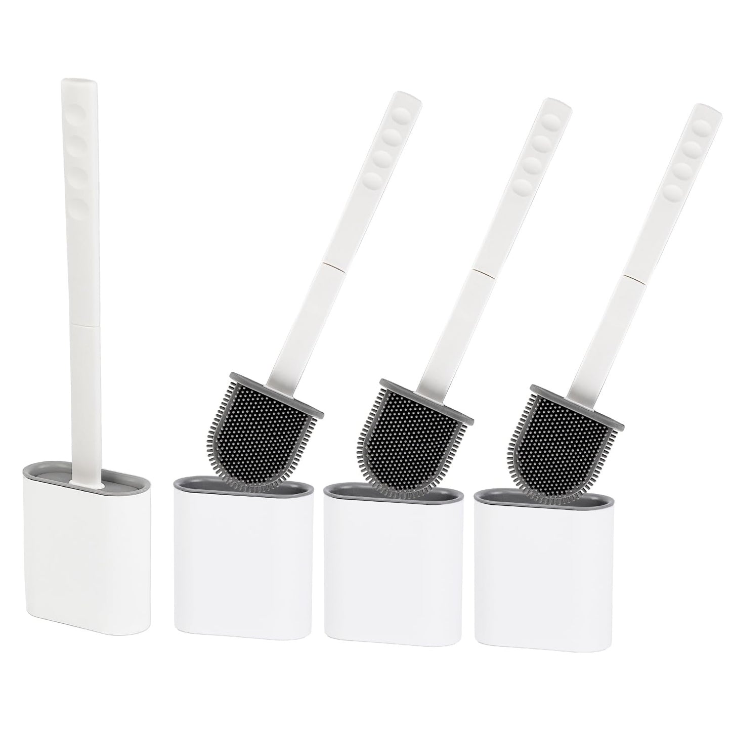 Silicone Toilet Brush With Holder ? Pack of 4 Long Non-Slip Handle, Flexible Bristles for Easy Cleaning ? Modern Drip-Free Base, Durable White