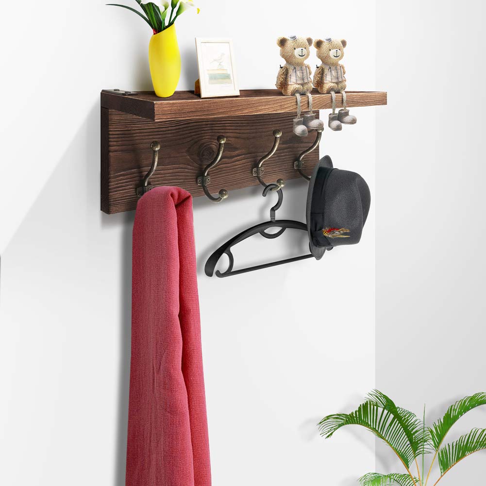 Kolymax Rustic Coat Rack Wall Mounted, Brown Solid Wood Entryway Shelf with Hooks Perfect Touch for Your Mudroom, Kitchen, Bathroom and More