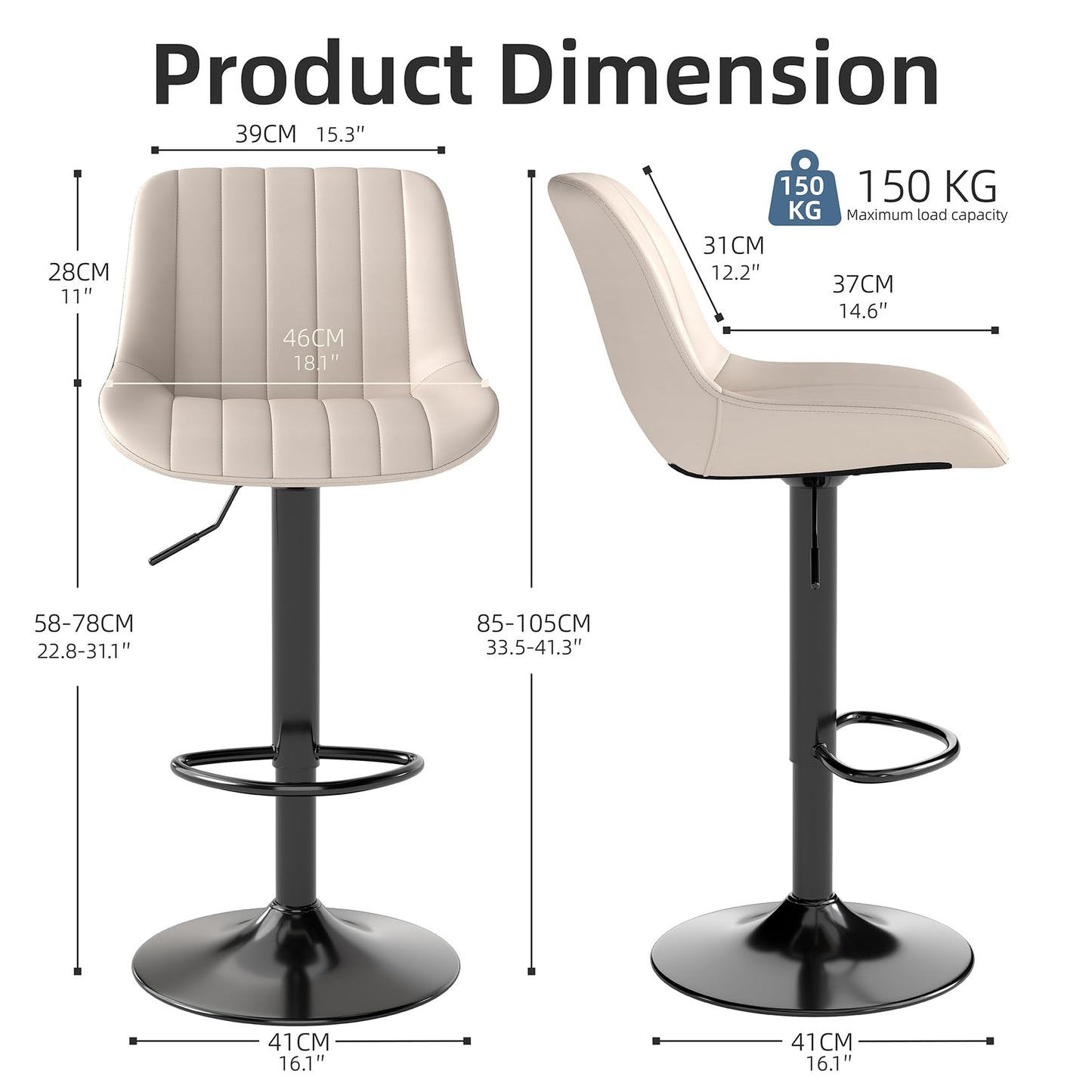 Youhauchair Bar Stools Set of 2, Swivel Counter Height Barstools with Back, Adjustable PU Leather Bar Stool, Modern Kitchen Breakfast Bar Stools