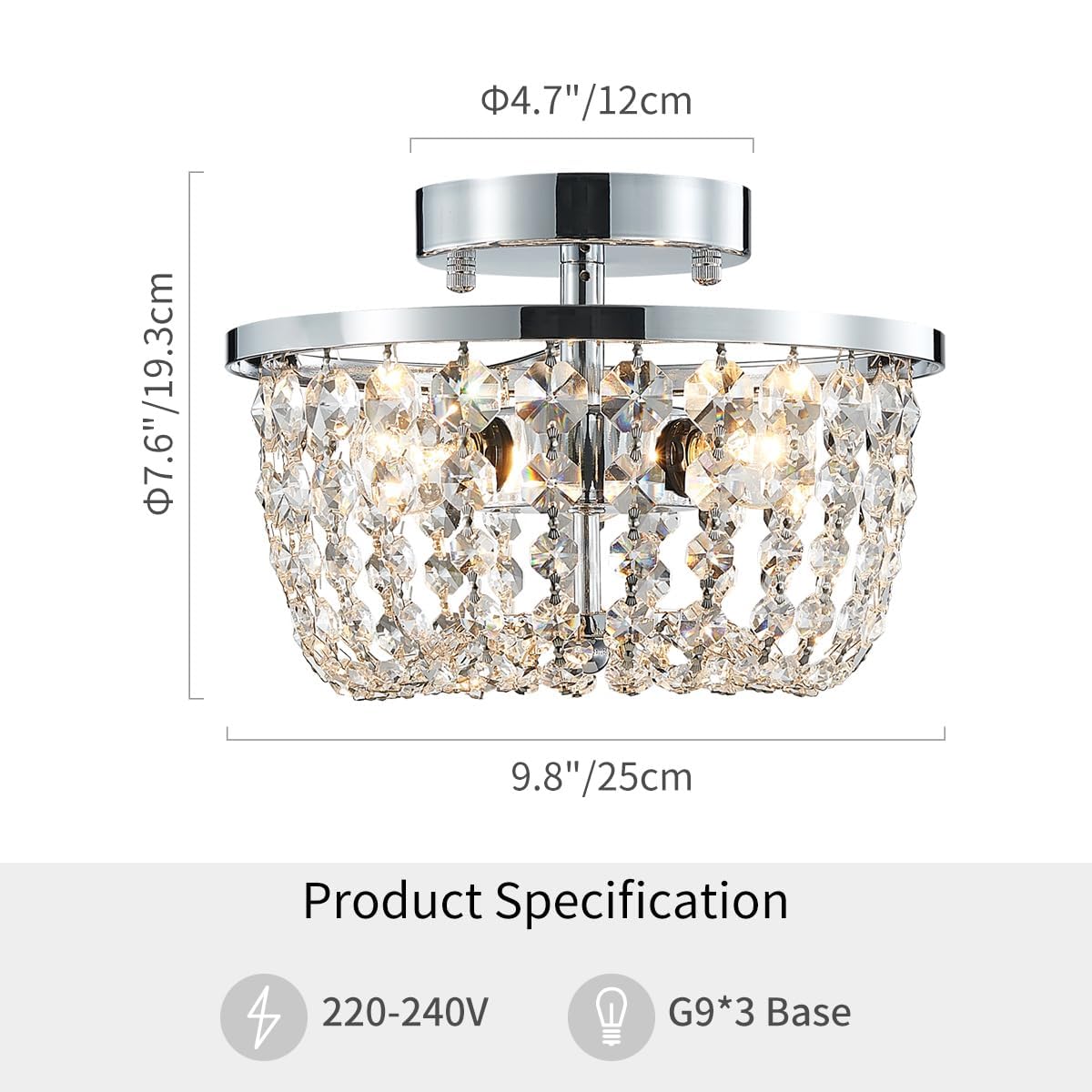 WUZUPS Crystal Chandelier Semi-Flushmount Ceiling Light Modern Lighting Fixture for Bedroom Hallway Bar Kitchen Bathroom, H 19.3cm W 25cm, Chrome, G9