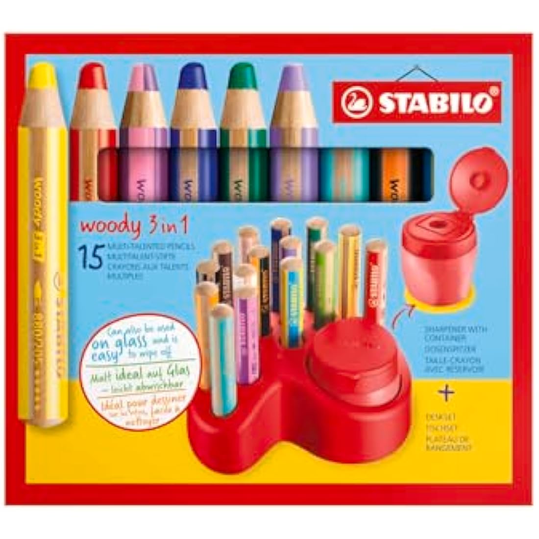 STABILO woody 3-in-1 - Multi-Talented Pencil - Deskset of 15 - with 10 Assorted Colours and Replaceable Container Sharpener