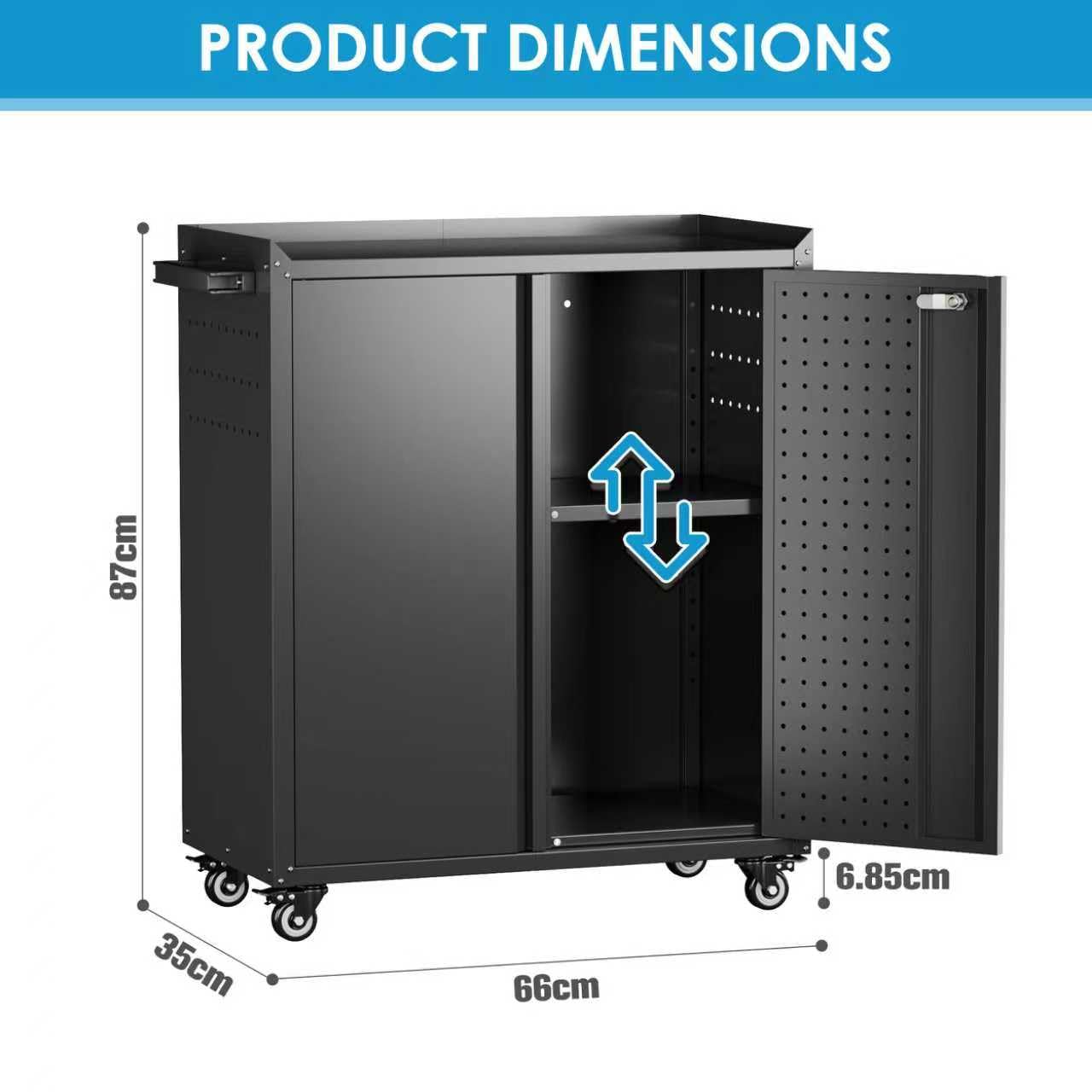 SUPEER Metal Tool Cabinet with Wheels & Pegboard, 87x66x35cm,Black