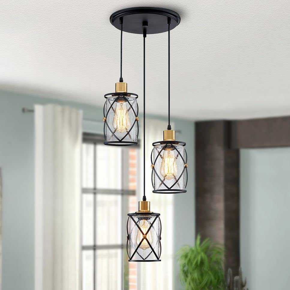 WUZUPS Chandelier Semi Flushmount Industrial 3-Light Pendant Ceiling Light Fixture Clear Seeded Glass Shade for Entryway Porch Foyer Kitchen Dining
